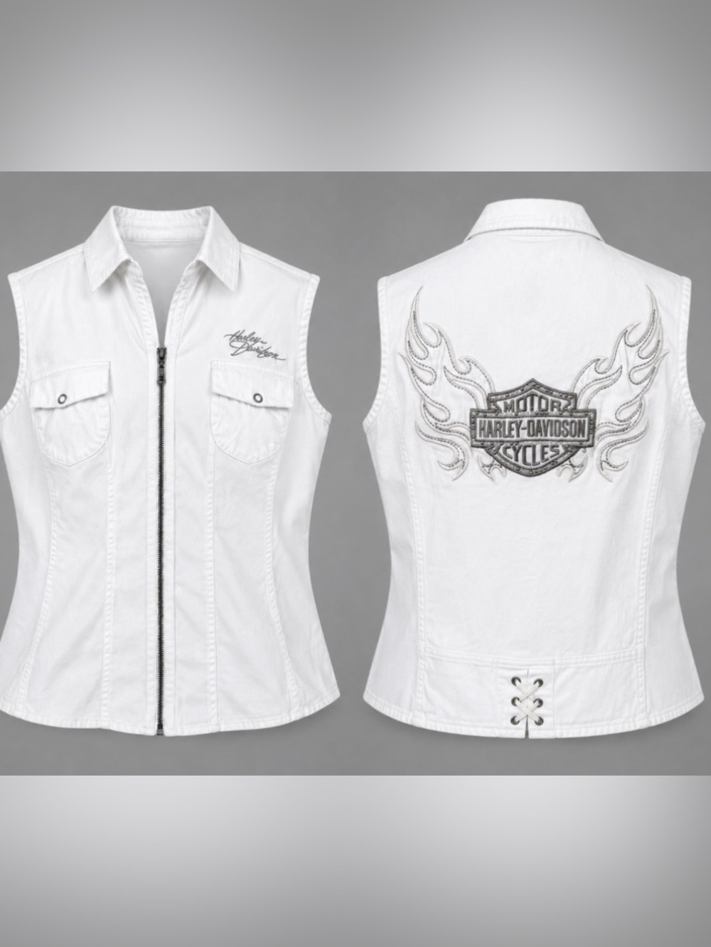 Harley Davidson White Y2K Zip Up Sleeveless Vest Top 1W Bikercore Graphic Logo